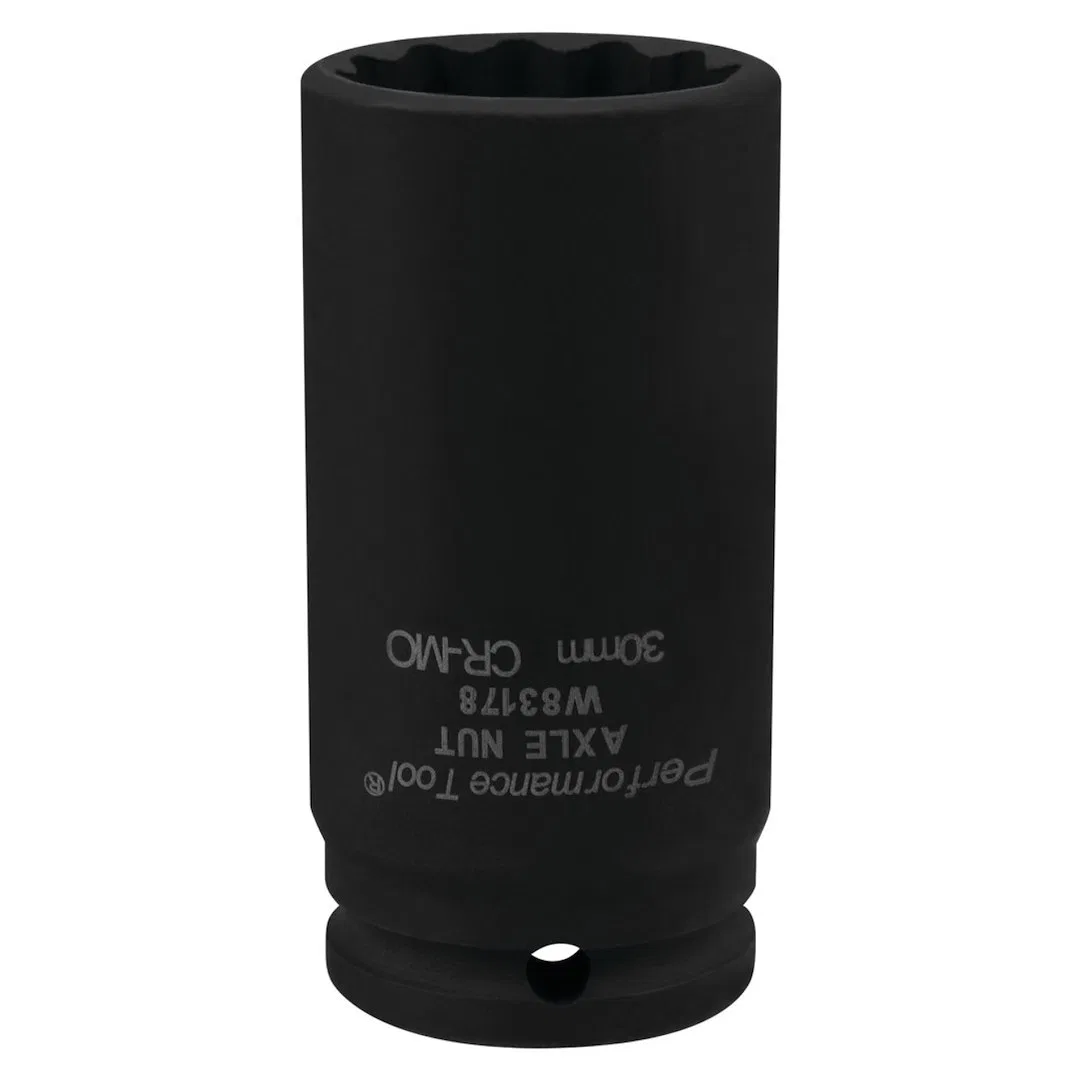 W83178 – PERFORM TOOL Socket, 30 Millimeter Metric Wheel Drive Axle Nut Socket 12 Point Chrome Moly Steel Single